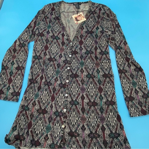 About A Girl Womens Aztec V Neck Tunic Top Button Long Sleeve Blouse Size XL - Picture 2 of 7